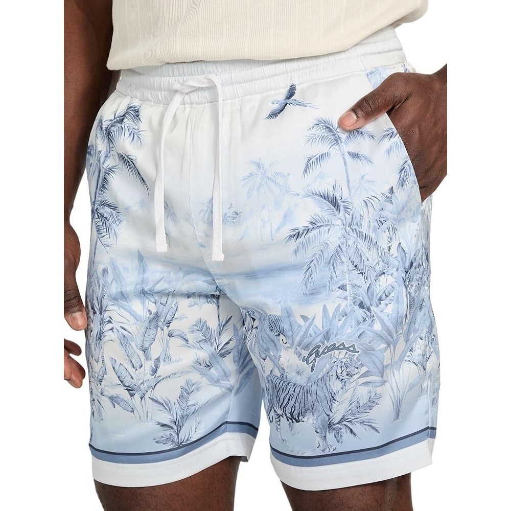 GUESS Shorts Mens Small White Blue Drawstring Big Cat Tropical Paradise Logo